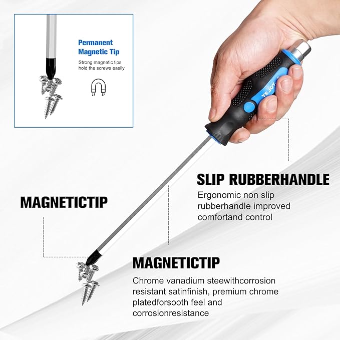 Magnetic Screwdriver Set 12 PCS with Black tips, 6 Phillips and 6 Flat Head Screwdrivers, with Go-Thru Steel Blades, High Torque for Fastening and Loosening (Black Tip_Matt Blade)