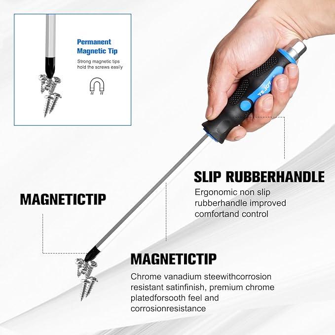 Magnetic Screwdriver Set 12 PCS with Black tips, 6 Phillips and 6 Flat Head Screwdrivers, with Go-Thru Steel Blades, High Torque for Fastening and Loosening (Black Tip_Matt Blade)