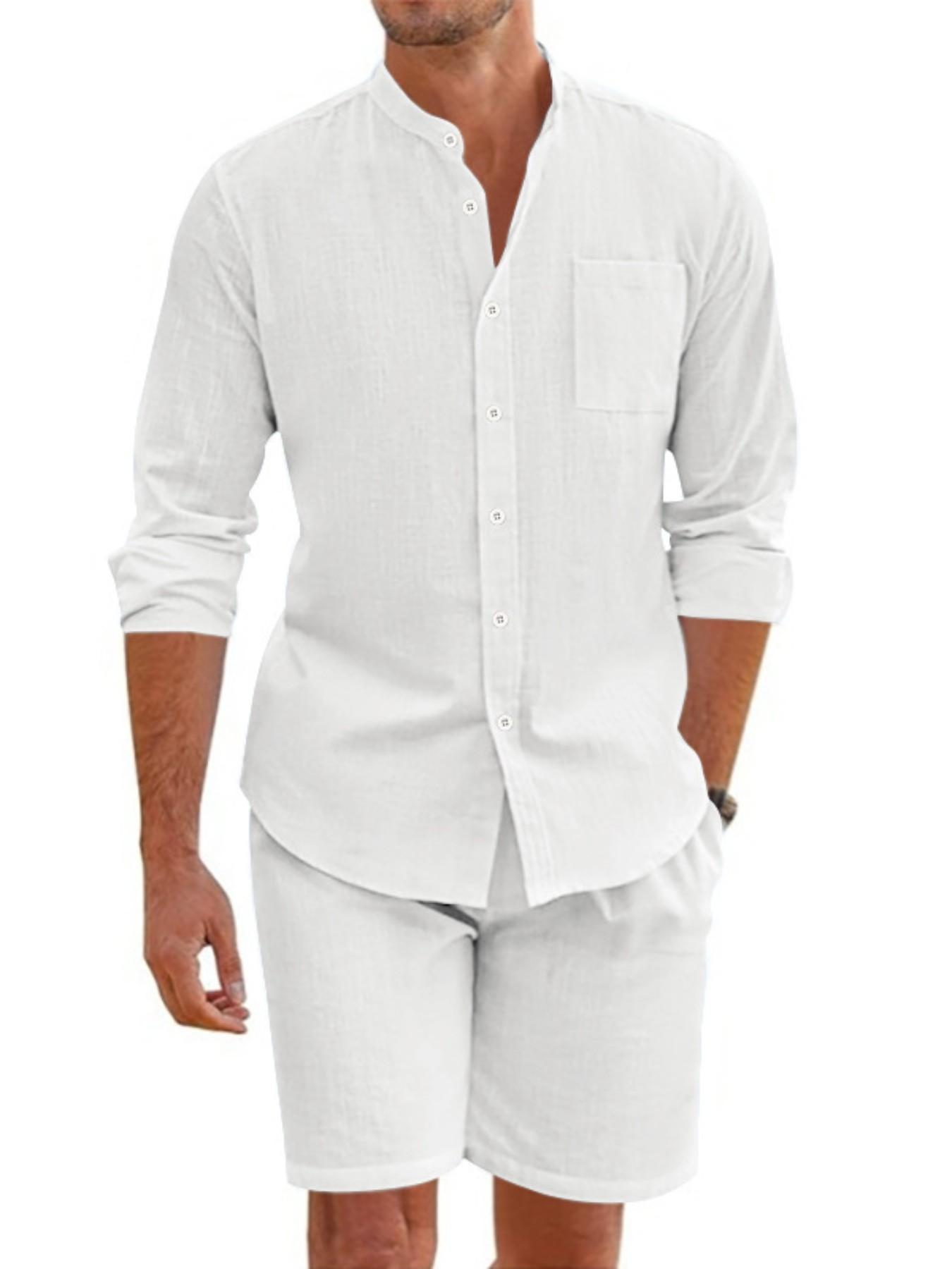 Men's Summer Linen Plain Button-Up Shirt Long Sleeve Shorts Cardigan Casual Loose Beach Set, 2026 Cross-Border Fashion
