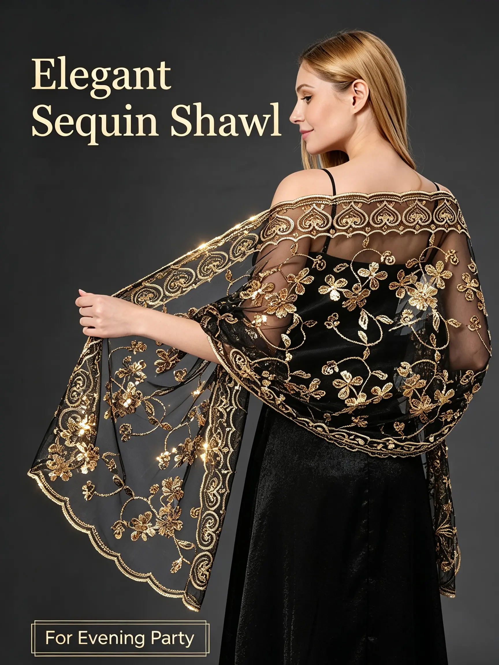 Women's Sequin Flower Evening Gown Shawl, Lightweight Mesh, Elegant Heart Wave Trim, Perfect for Parties, Weddings, Stage Shows, Formal Events