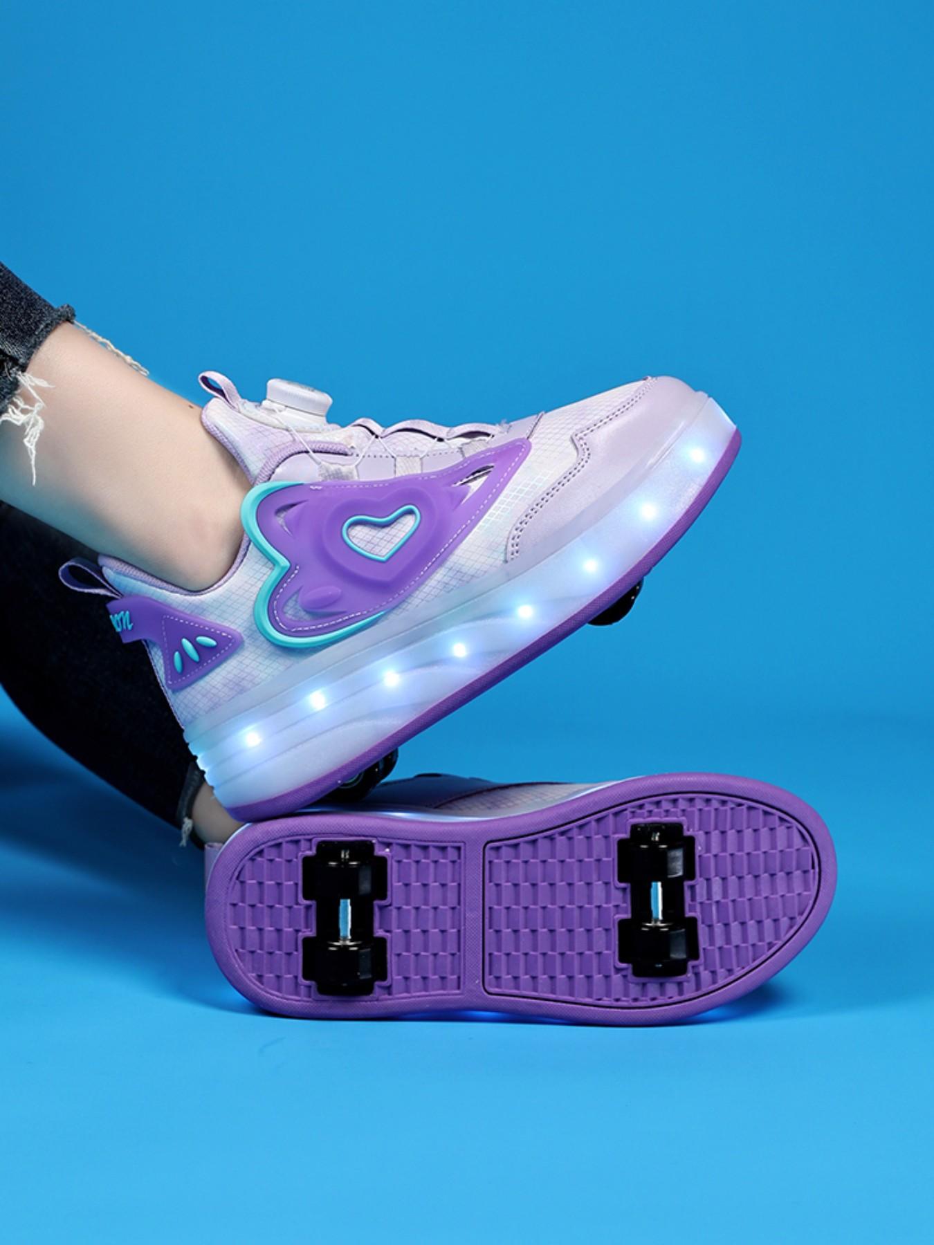 Girls' Walking Shoes with Rotating Buckle, Night Glow Color Changing LED Lights, Waterproof Leather, USB Rechargeable, Detachable Wheels, Trendy Trainers