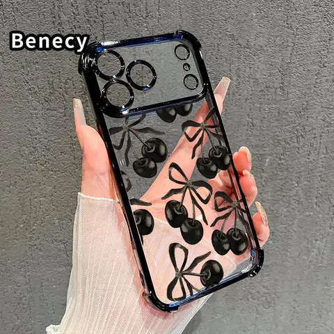 Black Cherry Pattern Transparent Electroplated TPU Phone Case for iPhone 18 Pro,17,16 Pro Max,15 Plus,14,13,12,11,E,Air - Shockproof Protection, 4-Corner Cushioning, Slip-Safe Hold Phone Accessories