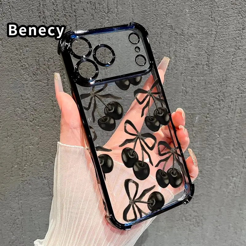 Black Cherry Pattern Four Corner Anti-Fall Phone Case Transparent Electroplated Protective Cover for iPhone 18 17 16 Pro Max 15 Plus 14 13 12 11 E Air