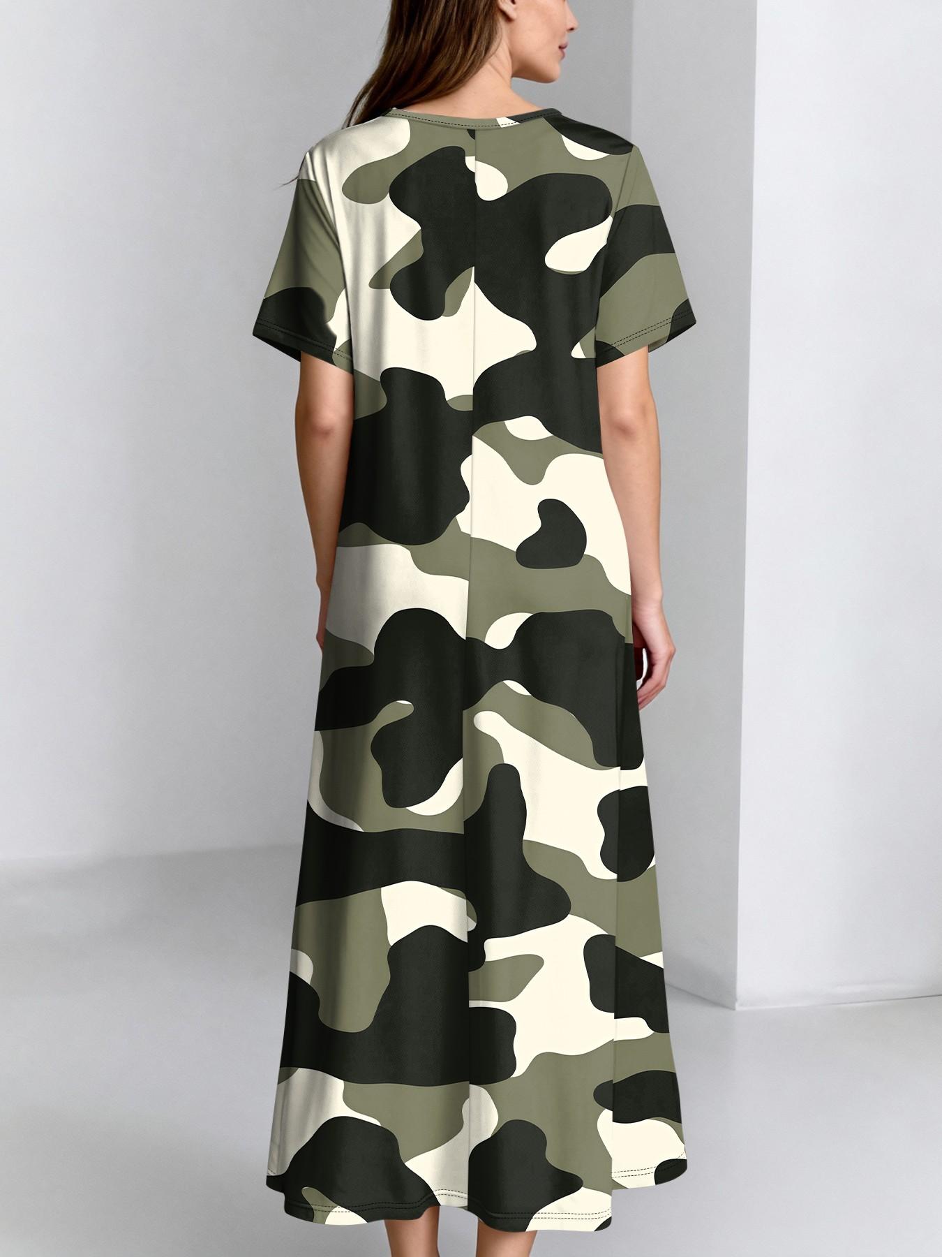 Women's Camouflage Print V-Neck Dress, Loose Short Sleeve Midi Dress, Side Pocket Casual Street Style, Comfortable and Stylish