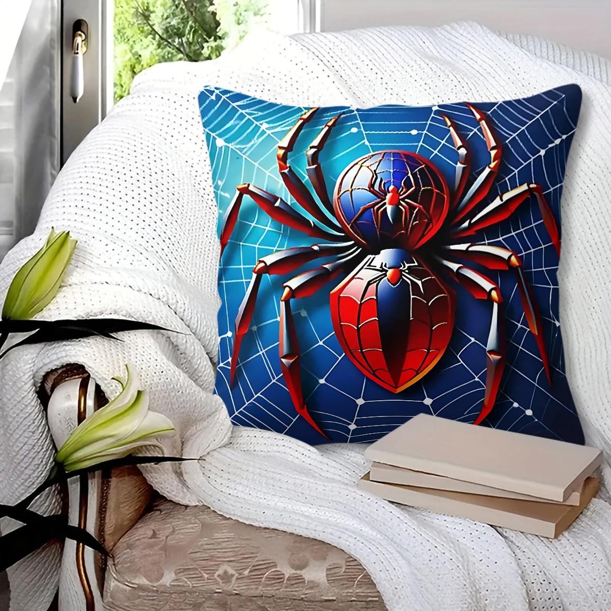Large Spider Pattern Digitally Printed Throw Pillow (With Insert), 45cm Square Pillow, Featuring a Blue Sphere and Red Shield Design, Suitable for Sofas and Bedrooms, Eye-Catching and a Unique Cushion for Spider Enthusiasts.