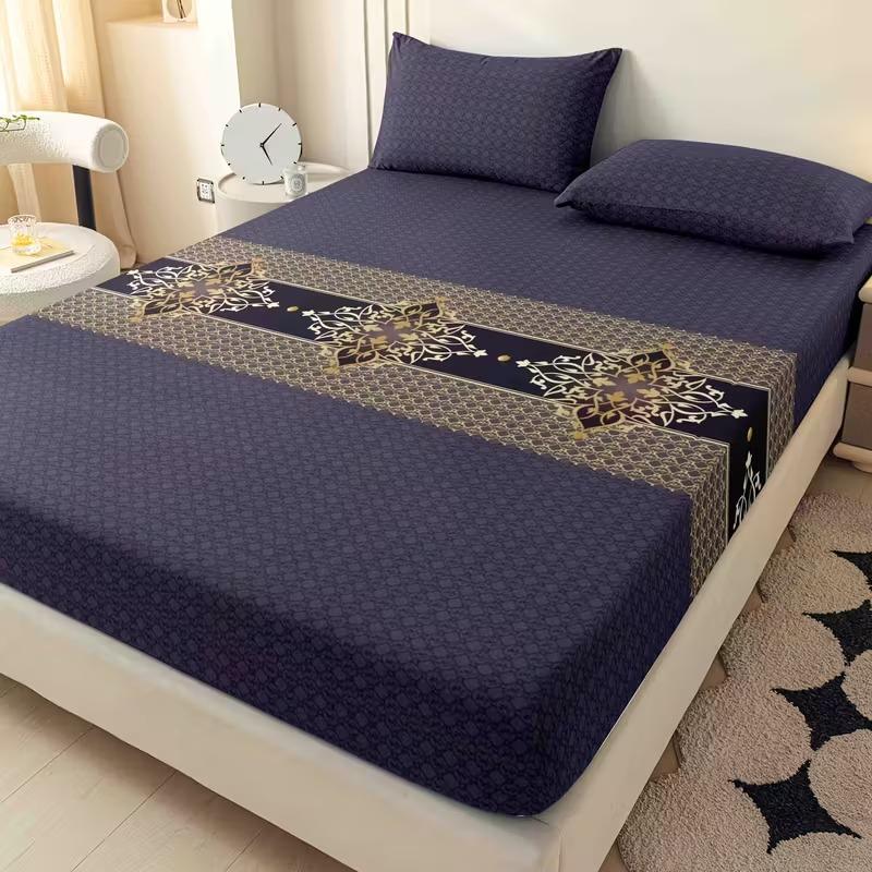 Deep -Blue Patterned Bedding Set, Elastic Edge Binding, High-Count Fabric Resistant to Wrinkles, Durable Washable Luxury Retro Style, Bedsheet Sets, Bed Sheets Set