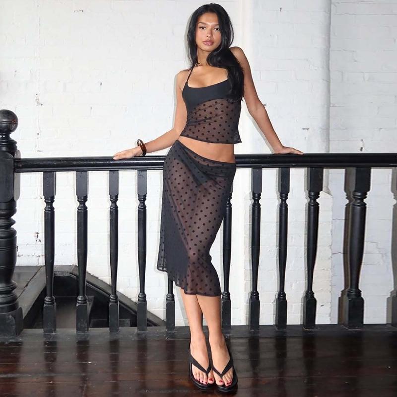 Women's Two-Piece Set, Matching Outfit Set, Sheer Mesh Polka Dot Print Halter Top & Bodycon Lace Trim Midi Skirt, for Party, Club, Date and Holiday, Ladies Summer Clothes