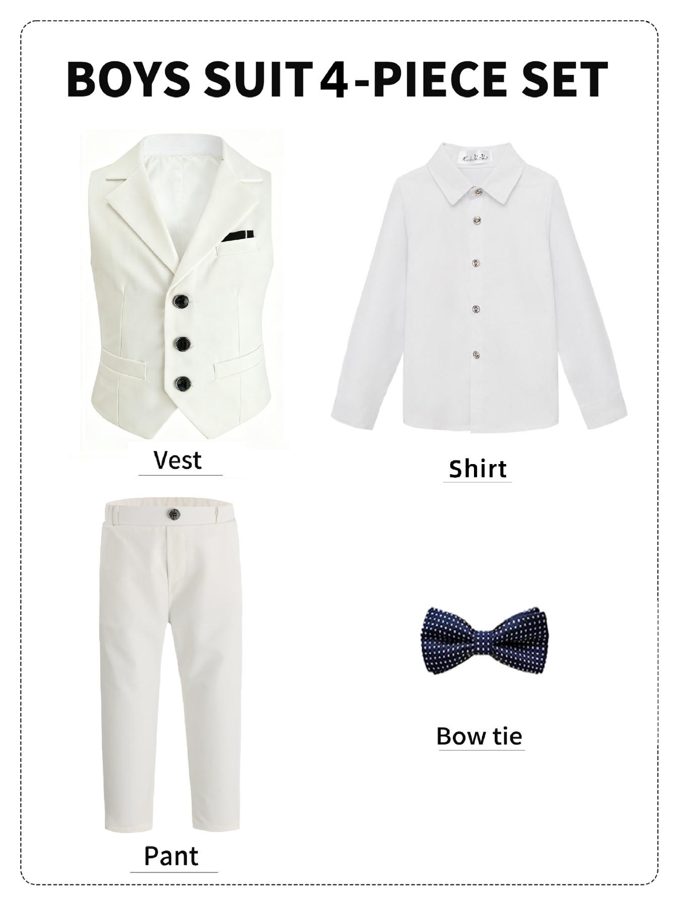 Boys' Elegant 4-Piece Formal Suit (Shirt + Lapel Vest + Elastic Waist Trousers + Striped Tie) 5 Colors Available, Sizes 100-150cm, Slim Fit for Weddings, Parties & Performances