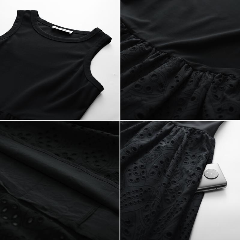 Grace Karin Women Contrast Fabric Mid-Calf Dress Sleeveless Crew Neck Flared A-Line Dress