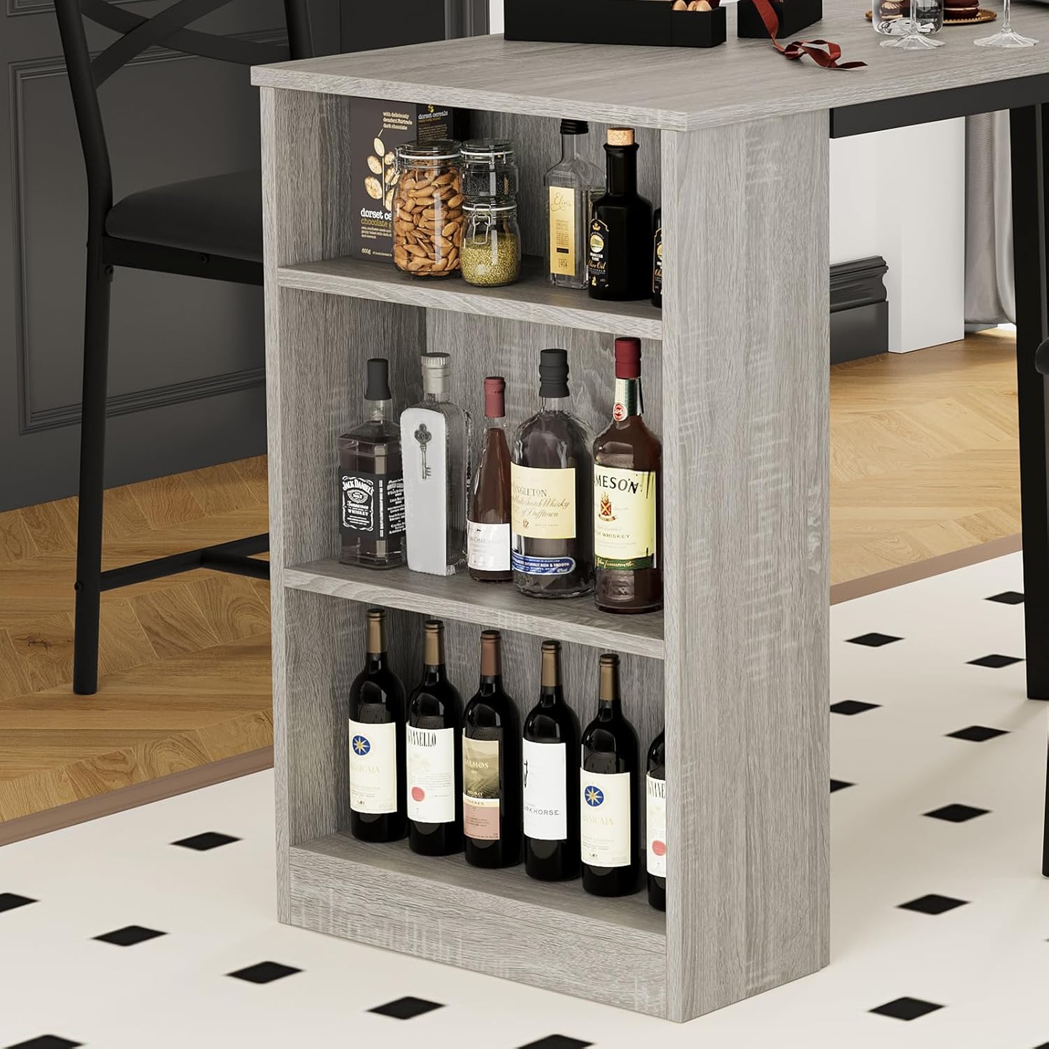 3-Piece Dining Table Set, Counter Height Kitchen Table Set for 2 with 3 Storage Shelves, Expandable Bar Table with 2 Cushioned Chairs for Small Spaces, Apartment