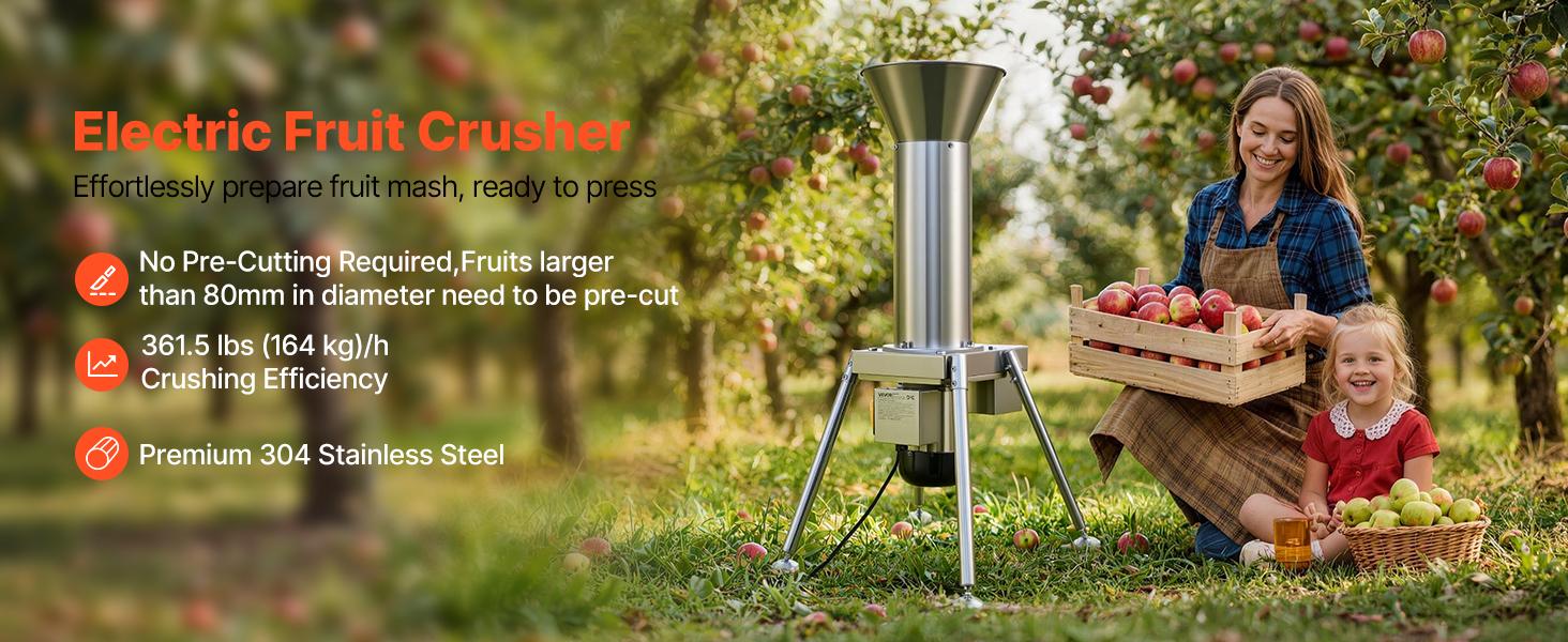 VEVOR 1100W Electric Fruit Apple Crusher, SUS304 Freestanding Crushing Machine, Grinds Whole Apples Up to 3.15 Dia, 164 KG/H Capacity, Cider Press for Apples, Pears, Pineapple, Guava, Carrot, Potato