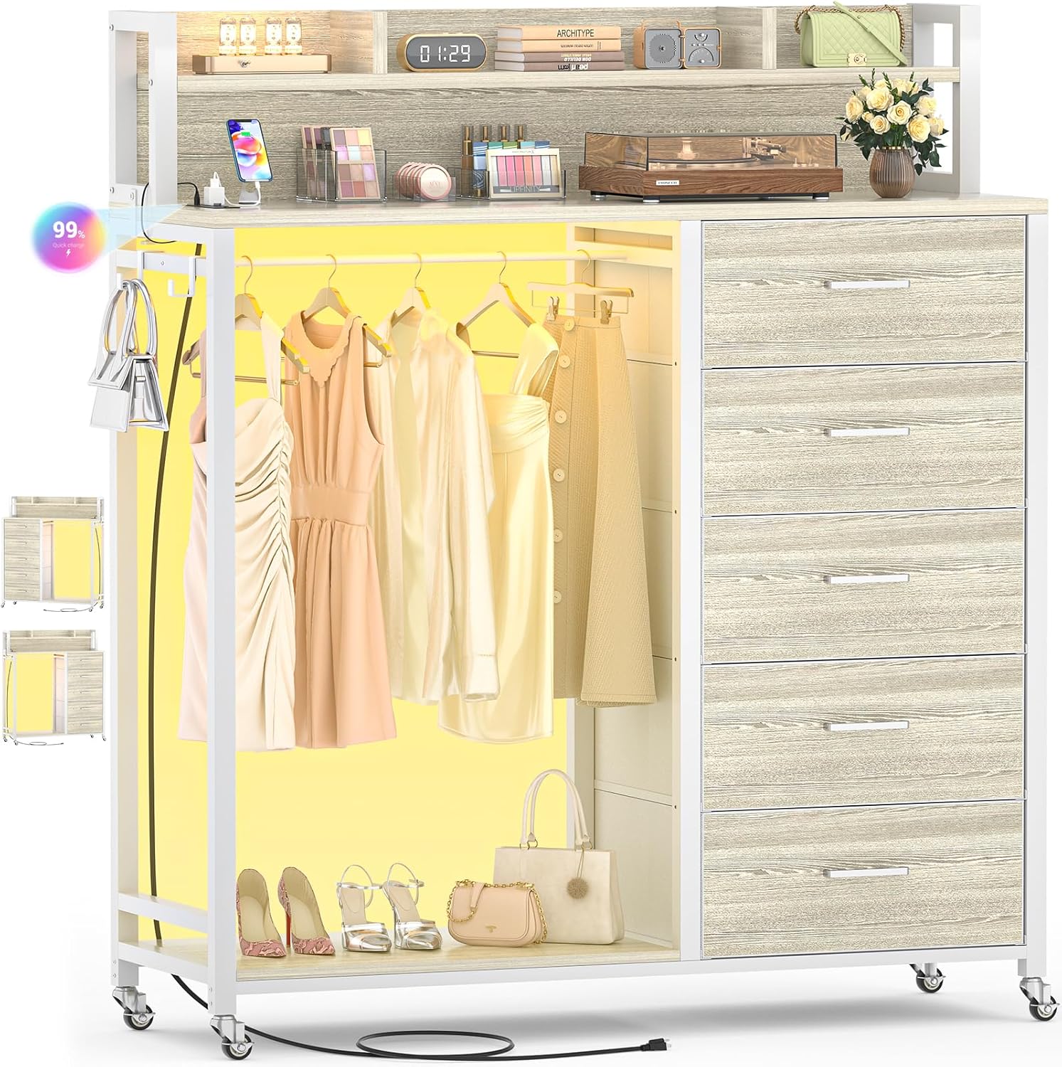 Unikito 5-in-1 Smart Storage cabinet + shelf/ LED Lights & USB Charging! Closet Organizer + 5 Fabric Drawers + Lockable Wheels Perfect for Bedroom/Entryway