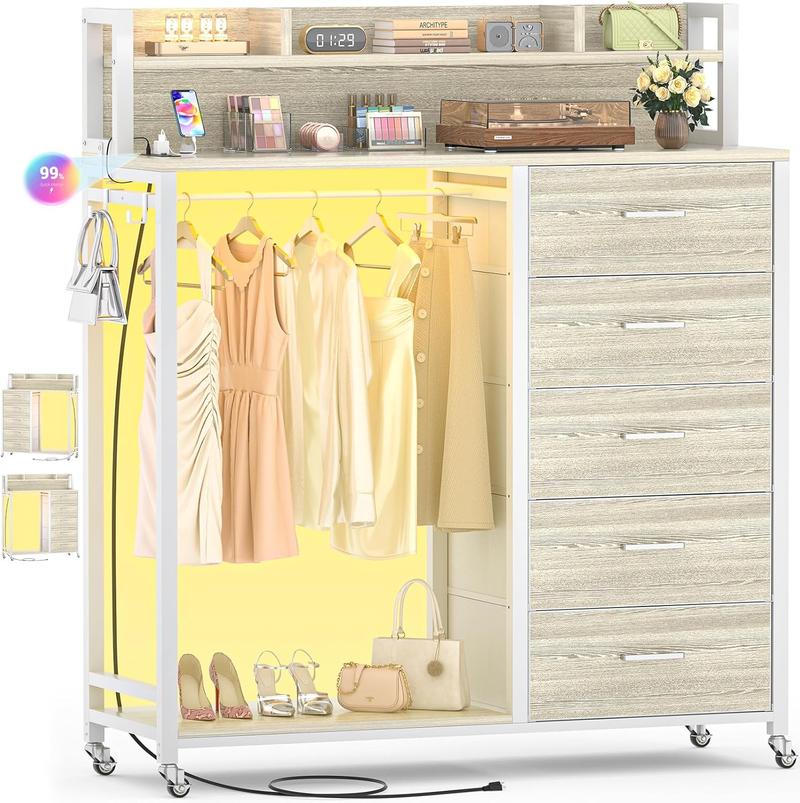 Unikito 5-in-1 Smart Storage cabinet + shelf/ LED Lights & USB Charging! Closet Organizer + 5 Fabric Drawers + Lockable Wheels Perfect for Bedroom/Entryway