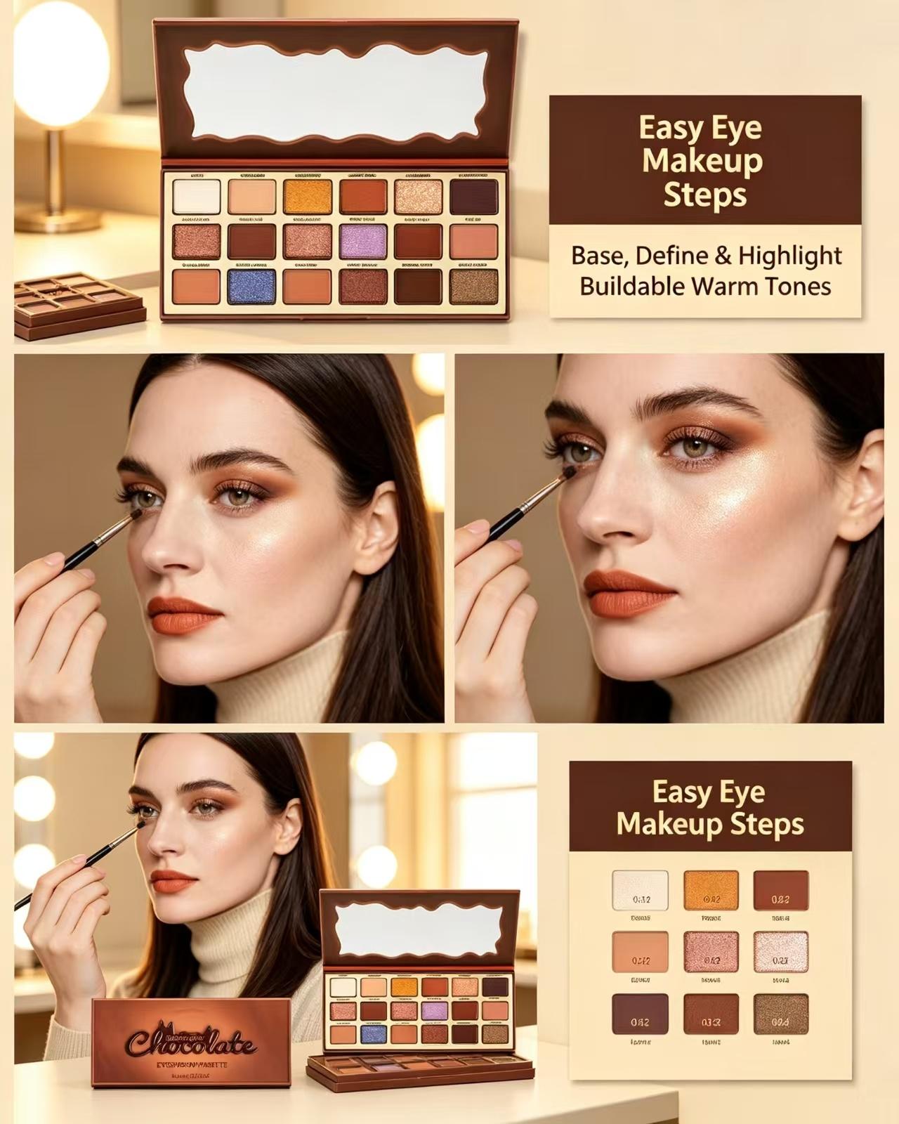 Zephoco Multifunctional All-In-1 Chocolate Cosmetic Eyeshadow Palette - 54g Mineral Oil-Free Cream & Powder, Earth Tones, Cool Shades, Highlighter, High Pigment, Multi-Textures, Easy-Blend Gradient, Metallic Matte Shimmer Eyeshadow for Daily Makeup, Multi