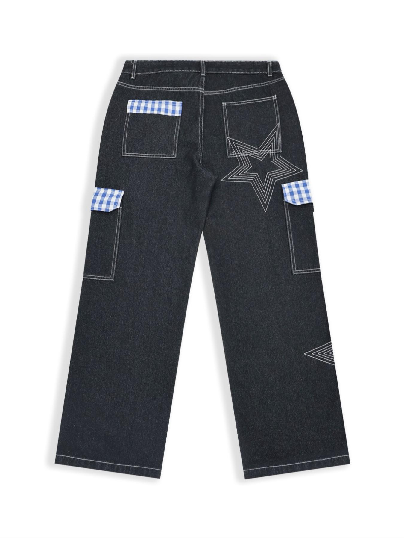 Fashion Streetwear Hip-Hop Straight Leg Embroidered Classic Work Jeans for Men, Trendy Multi-Pocket Work Denim Jeans, Casual Loose Fit