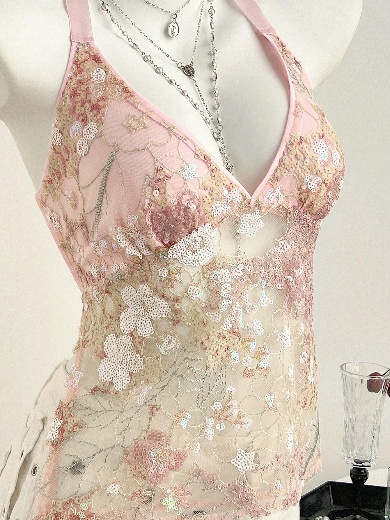 Women's Summer Lace Sequins Patchwork V-Neck Backless Halter Tie Hollow Out Slim Fit Top, Cute Sweet Style Sleeveless Tank Vest
