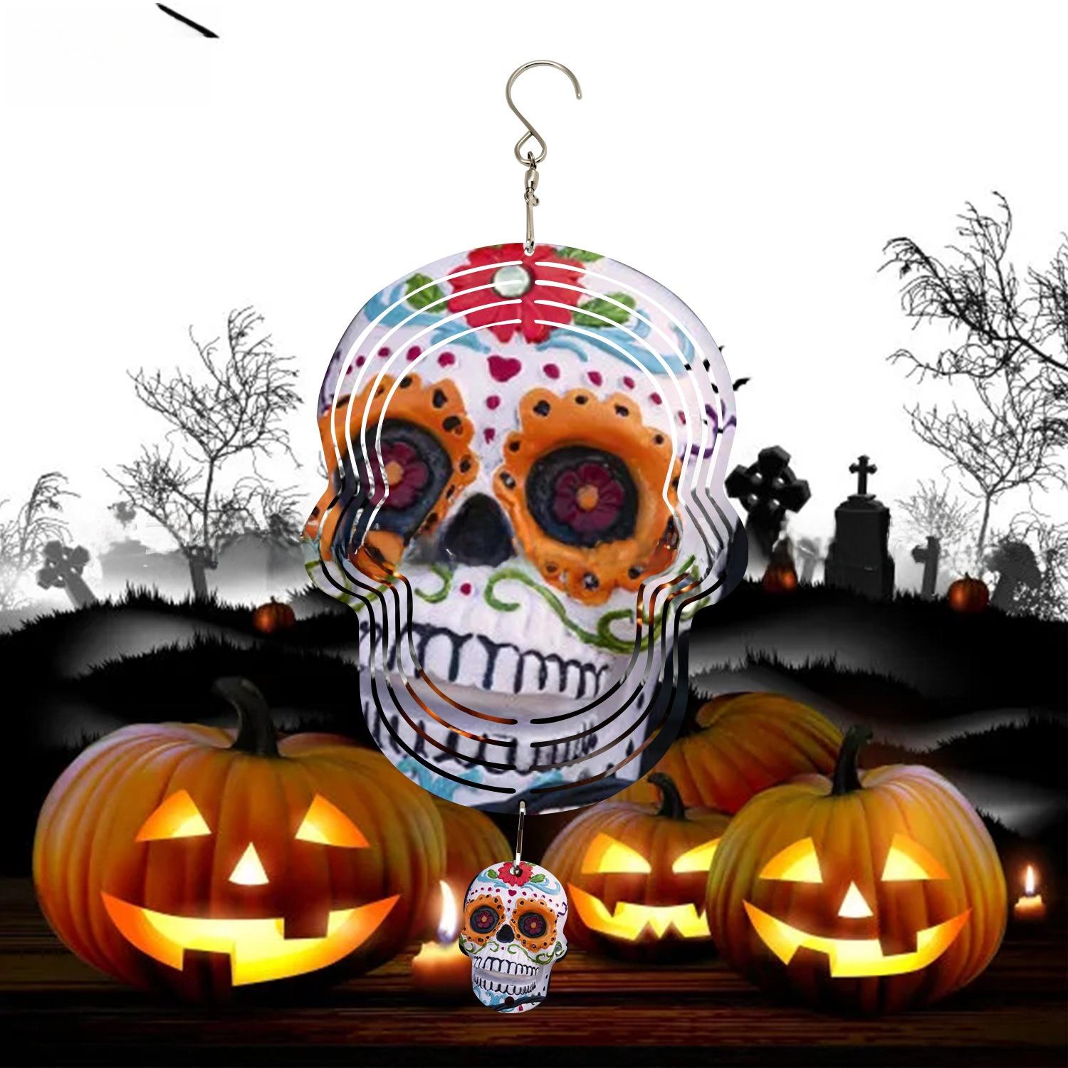 New Skull Design DIY Sublimation Aluminum Wind Chime Blank, Halloween Hanging , Festive Party Decor for Home Supplies, Ornaments green light sohochic