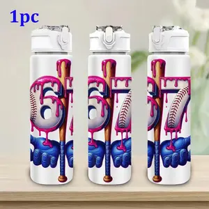 1pc Baseball 67 pattern sports water bottle, 750Ml/26Oz Plastic Sports Water Bottle, Cute Printed Design, Leak-Proof with Pop-Up Lid, Perfect for Outdoor Activities, Fitness, Cycling, Yoga, an Ideal Gift for Birthdays, Christmas, Valentine's Day