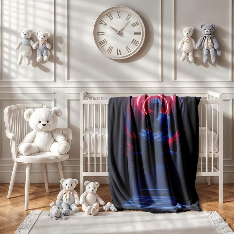 1 piece Blue statue angel with red halo background themed flannel blanket - Oversized fluffy warm sofa blanket, flannel for beds, all-season multi-purpose, modern style, machine washable, digital print design, 100% polyester, suitable for sofa