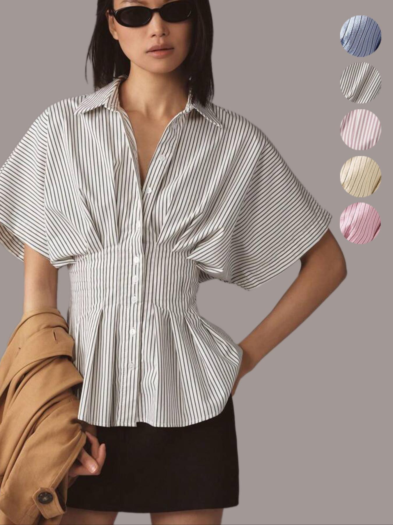 Women's Striped Aesthetic Shirt Blouse, Casual Short Batwing Sleeve Collar Top for Daily Wear, Ladies Clothes for Work Office Business Womenswear