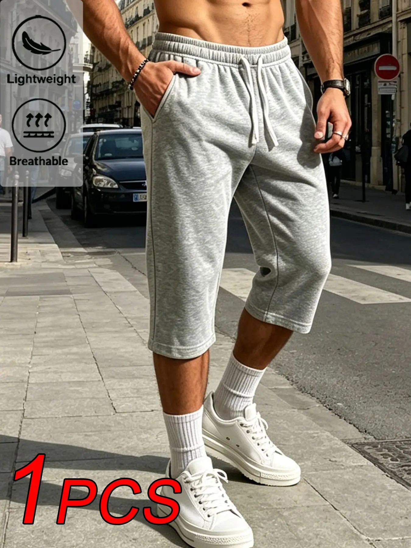 Men's Summer Outdoor Casual Comfy Sporty Capri Pants, Breathable, Ideal for Training, Running, Elastic Waist with Drawstring, Sweatpants, Cropped Sweatpants, Sport Pants, Breathable Athletic Bottoms, Breathable Athleisure Bottoms
