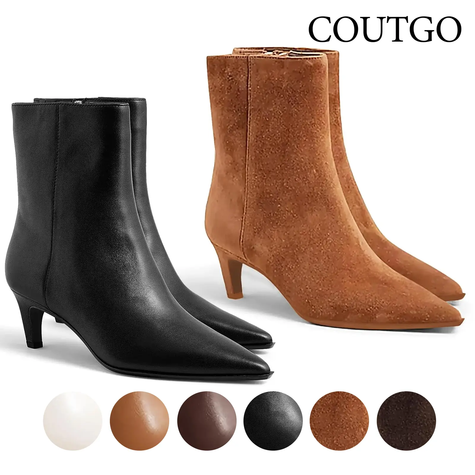 Coutgo Ankle Boots for Women Kitten Low Heel Pointed Toe Booties Side Zipper Fall Shoes