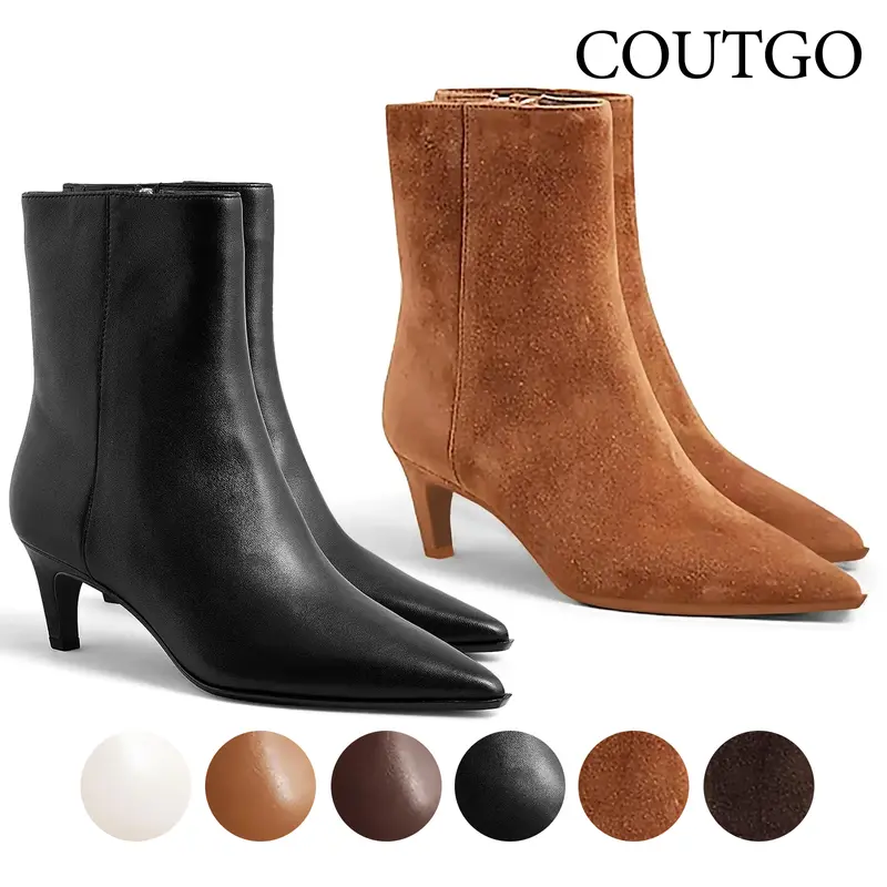 Coutgo Ankle Boots for Women Kitten Low Heel Pointed Toe Booties Side Zipper Fall Shoes