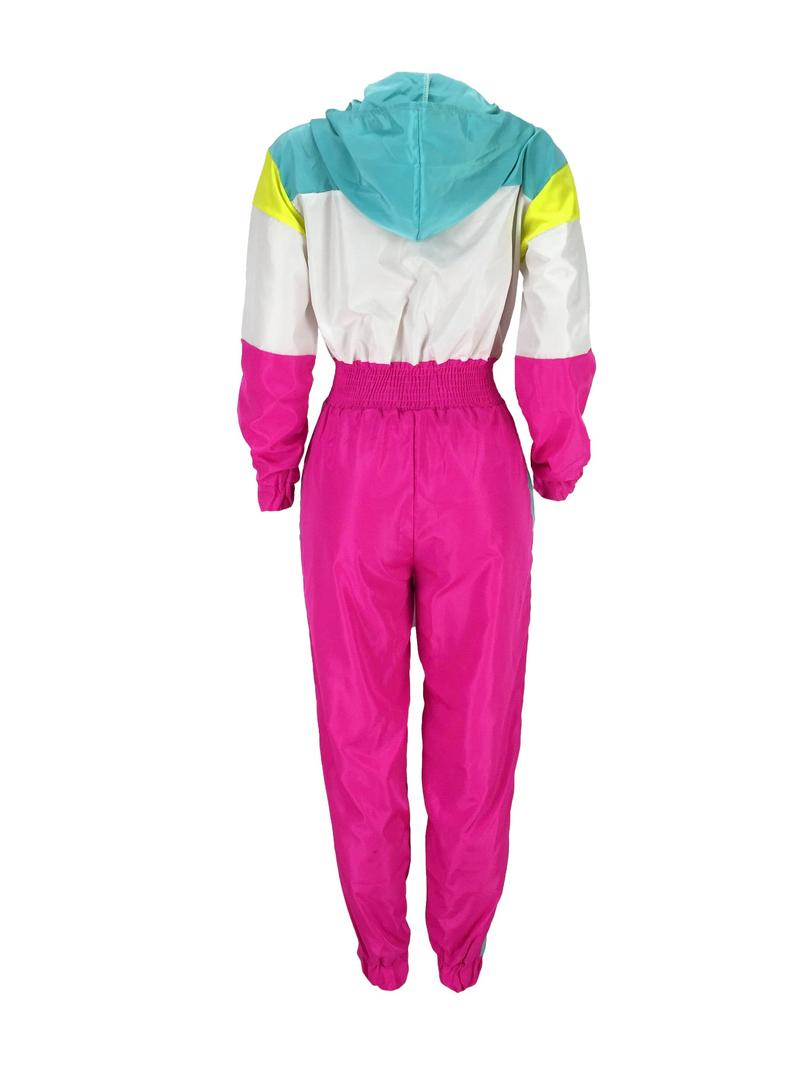 Women's Colorblock Hooded Jumpsuit with Zipper Pockets, Elastic Waist Casual Fitted Overall, Lightweight Windbreaker Jumpsuit