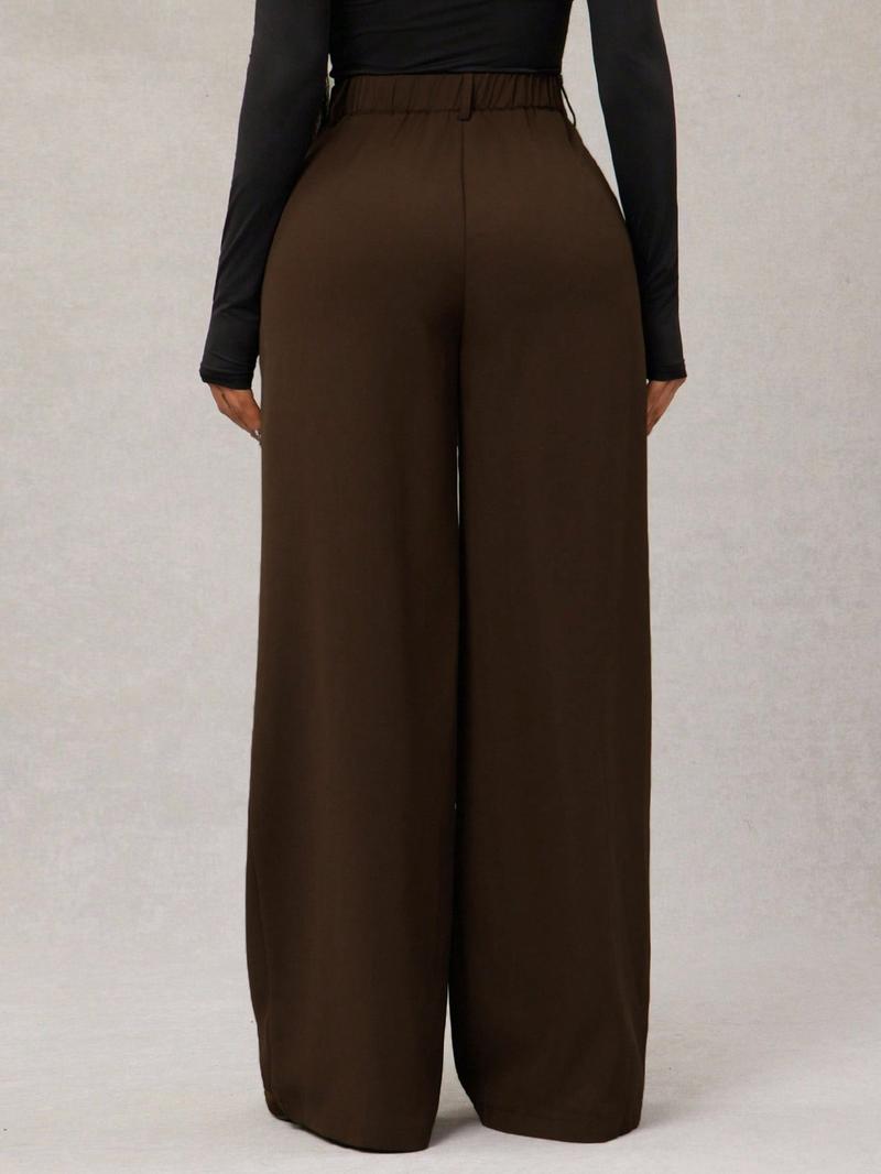 Women's Minimalist Style Fashion Wide Leg Pants, High Waist Elastic Waistband, Commuter & Casual Wear, Comfortable Daily