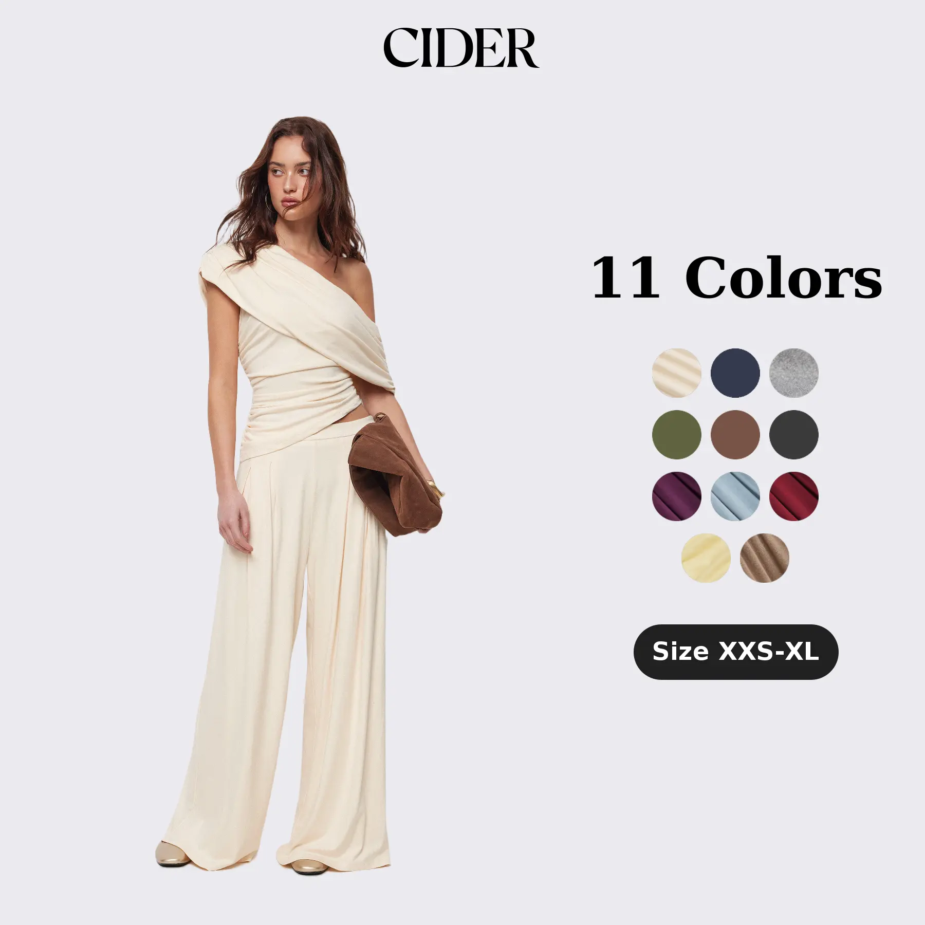 Cider 2-Piece Set Asymmetrical Neck Ruched Top & Mid Rise Wide Leg Draped Trousers Set