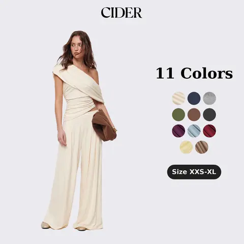 Cider 2-Piece Set Asymmetrical Neck Ruched Top & Mid Rise Wide Leg Draped Trousers Set