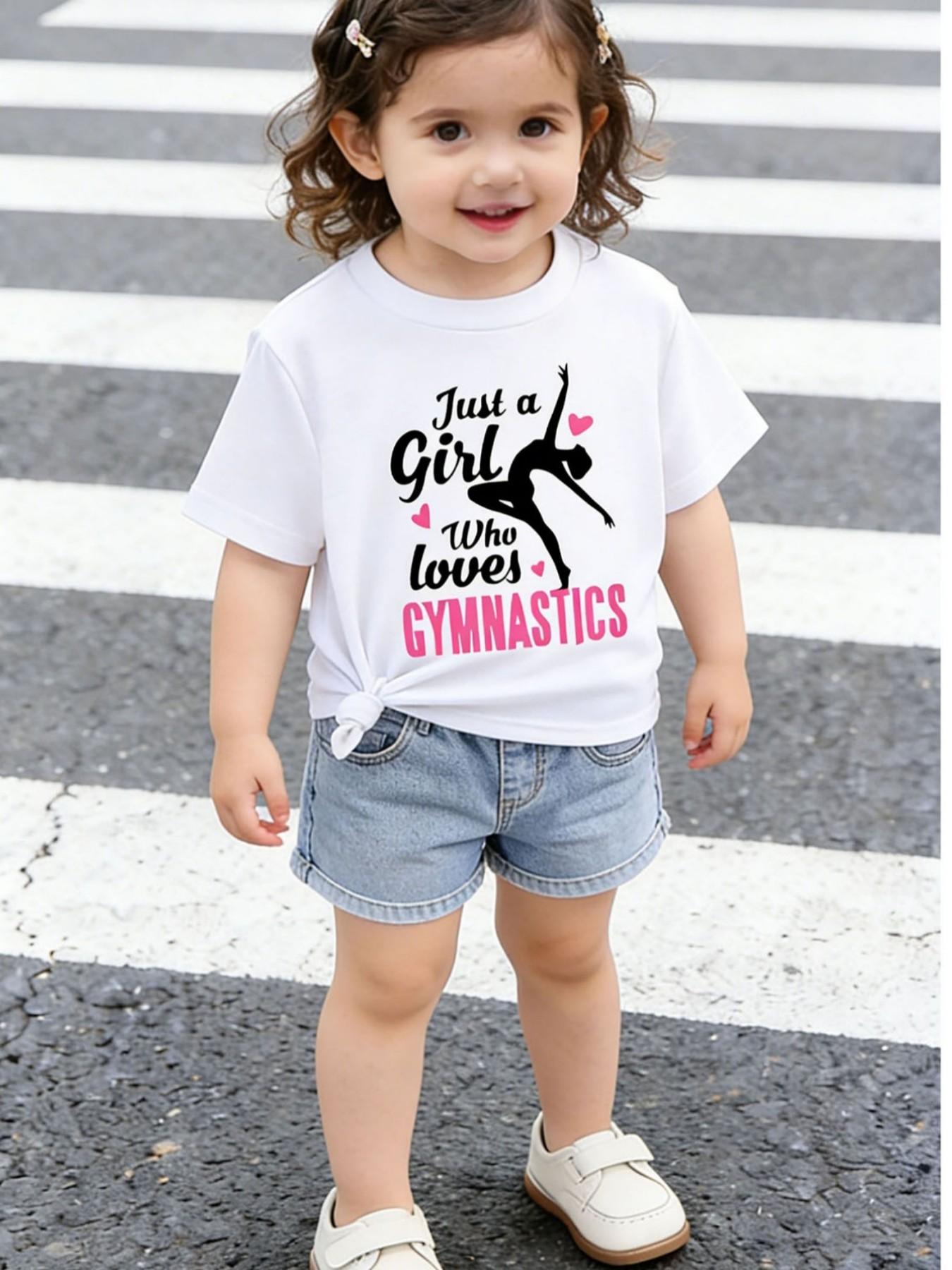 Summer Gym Lover Just a Girl Print Girls Short Sleeve T-Shirt, Cute Cartoon Pattern, Fitted Style, Casual Wear