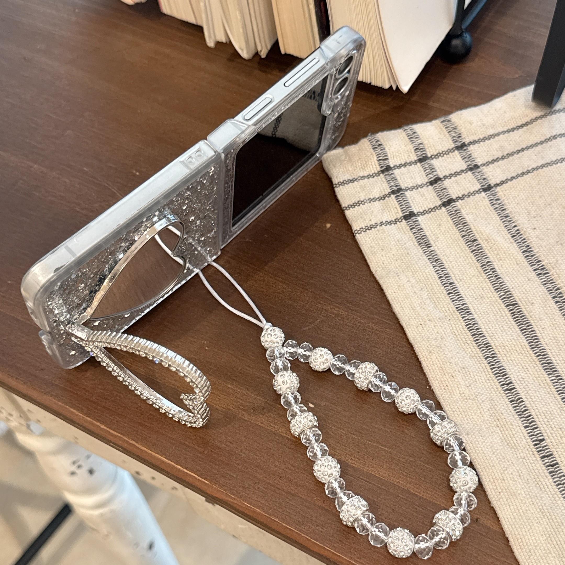 Glitter Heart Stand Foldable Phone Case With Chain For Samsung Galaxy Z Flip3/Z Flip4/Z Flip5/Z Flip6/Z Flip7, Shockproof Cover