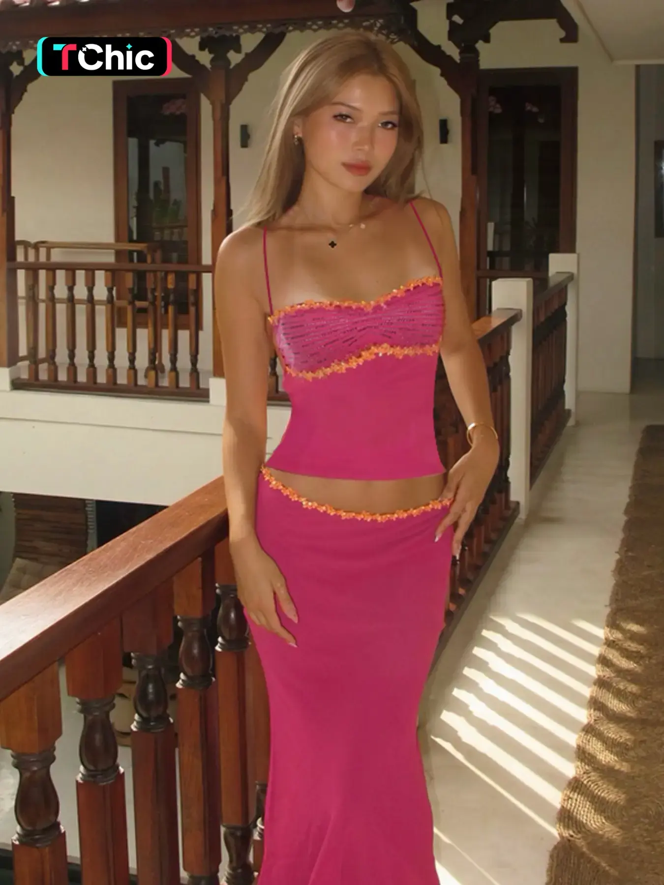 Beaded Halter Spaghetti Strap Sleeveless Top & Skirt Set, Summer, Perfect for Beach and Vacation Wear, Stylish Chic Two-Piece Ensemble Outfit for Women