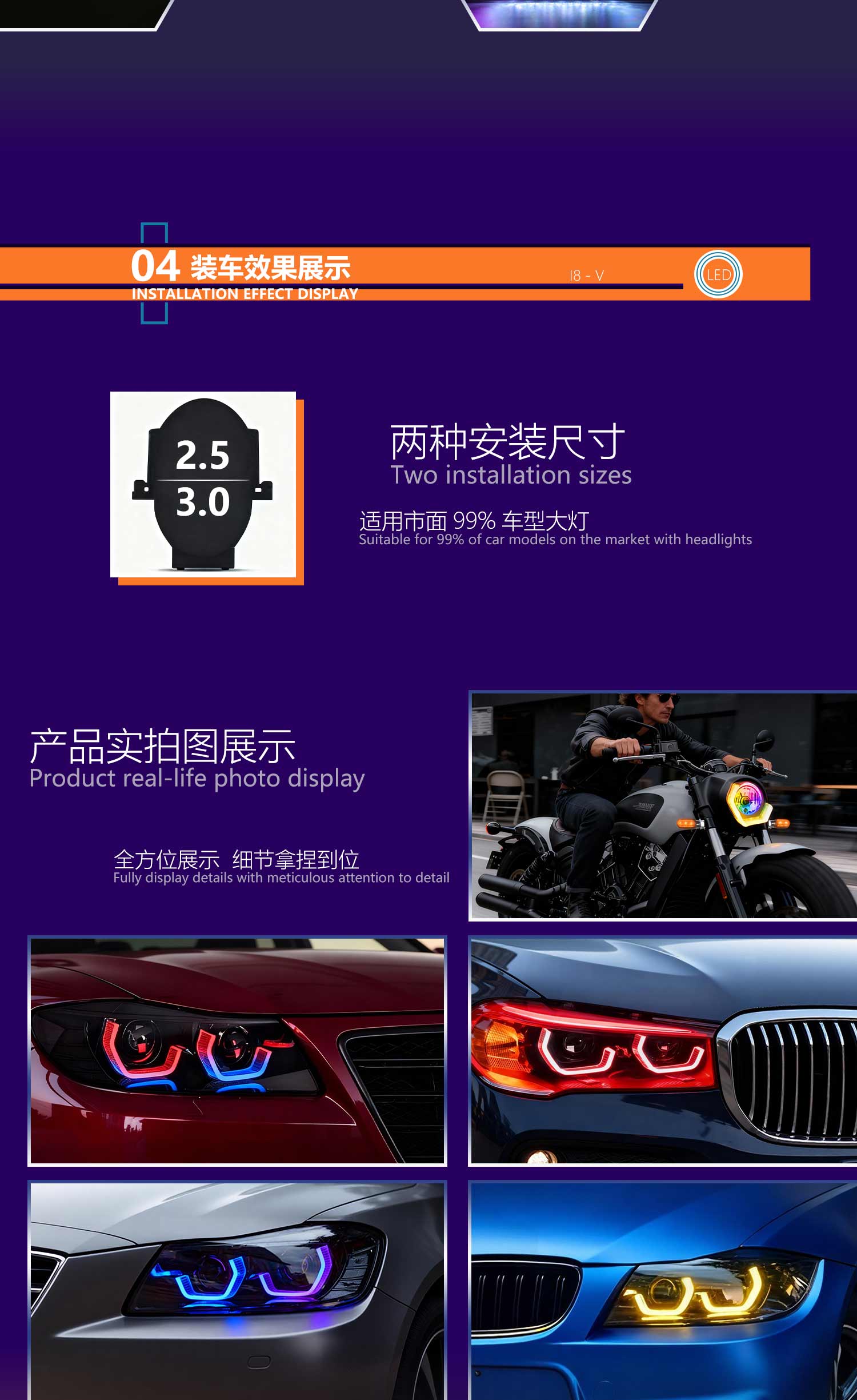 2.5" 3" 5D RGB LED Angel Eyes Halo Rings Light Rectangular DRL Covers With Turn Signal Light App Control For Car Moto Headlight