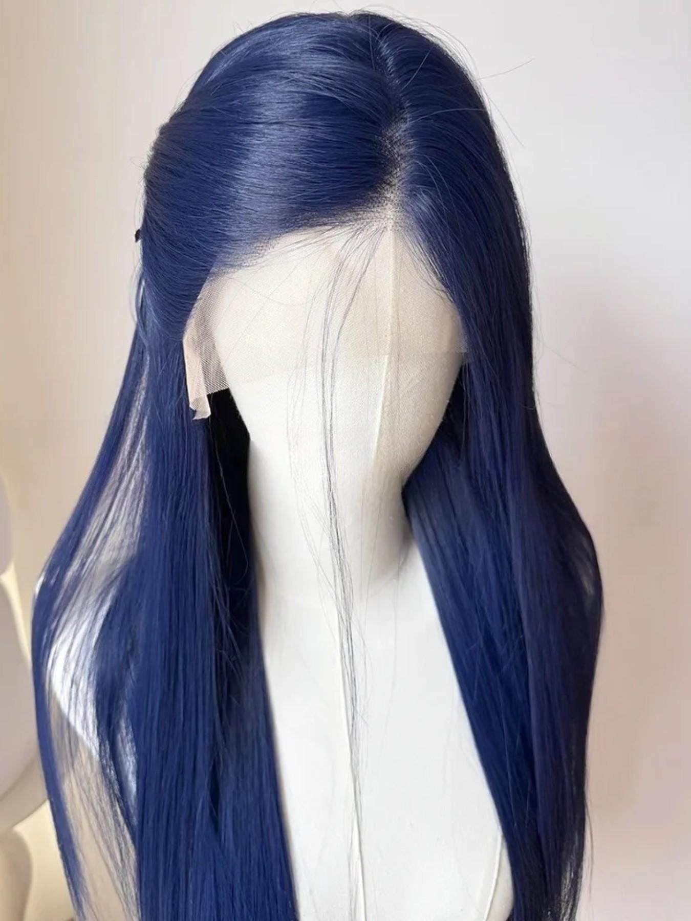 28-Inch Deep Blue Straight Wig for Women, Soft Lace Front, 180% Density, Pre-Plucked, No Glue, Heat Resistant, Daily Use