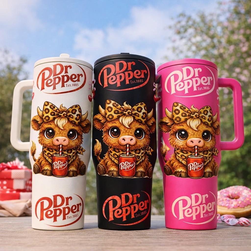 1pc 40oz Insulated Tumbler with Handle, Cow Drinking Soda Graphic Travel Mug, Stainless Steel Tumbler with Lid and Straw, Stainless Steel Thermos, Vacuum Insulated Hot Cold Cup for Coffee Tea Water, Birthday Gift Idea, Daily Use Drinkware