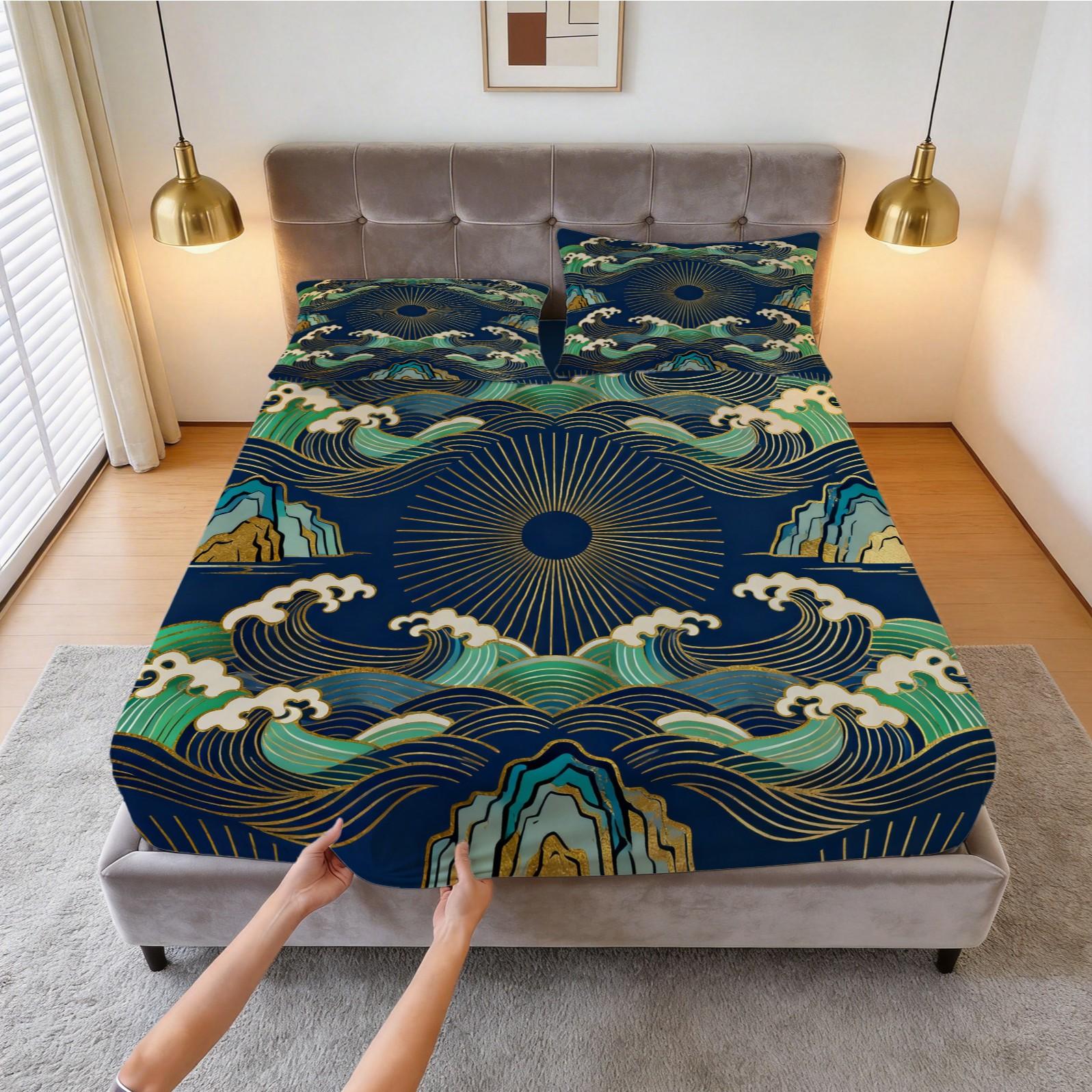 3 Piece Japanese Wave Sun Fitted Sheet Set, Navy Blue Gold Foil Great Wave HD Digital Print Bedding Set, Soft Breathable Deep Pocket Bed Sheet for Bedroom & Dorm, Machine Washable (Insert Not Included)