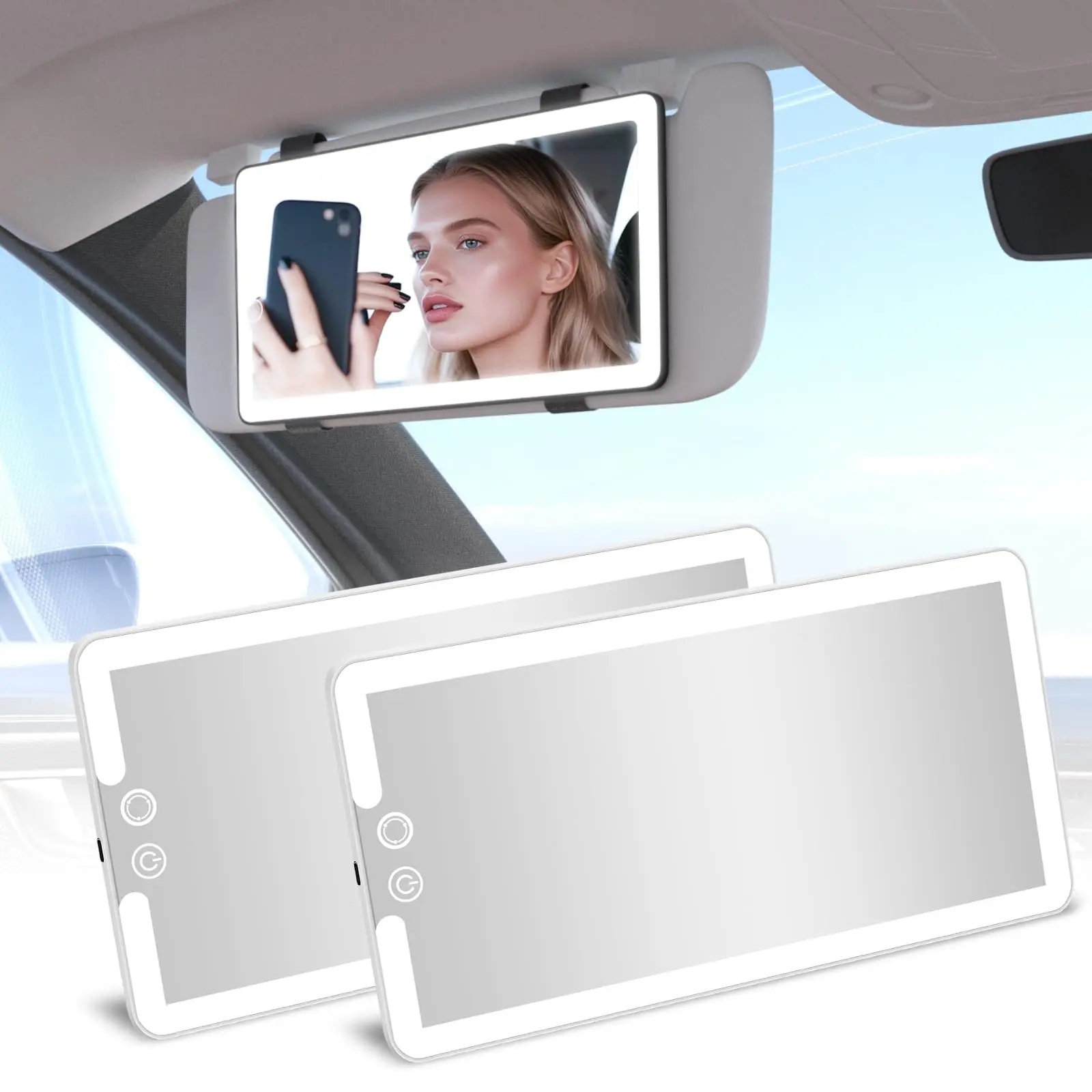 2PCS Car Visor Vanity Mirror with Lights, Rechargeable Dimmable Touch LED Sun Visor Mirrors, Large Detachable Vanity Makeup Mirror with 3 Color Modes for Truck SUV Car Accessories for Women(White)