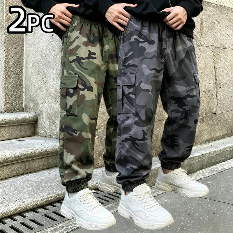 2PC Men’s Camouflage Utility Jogger Cargo Pants, Drawstring Elastic Waist, Large Cargo Flap Pockets, Loose Relaxed Fit, Cuffed Jogger Hem, Breathable Pants for Streetwear, Hiking & Fishing