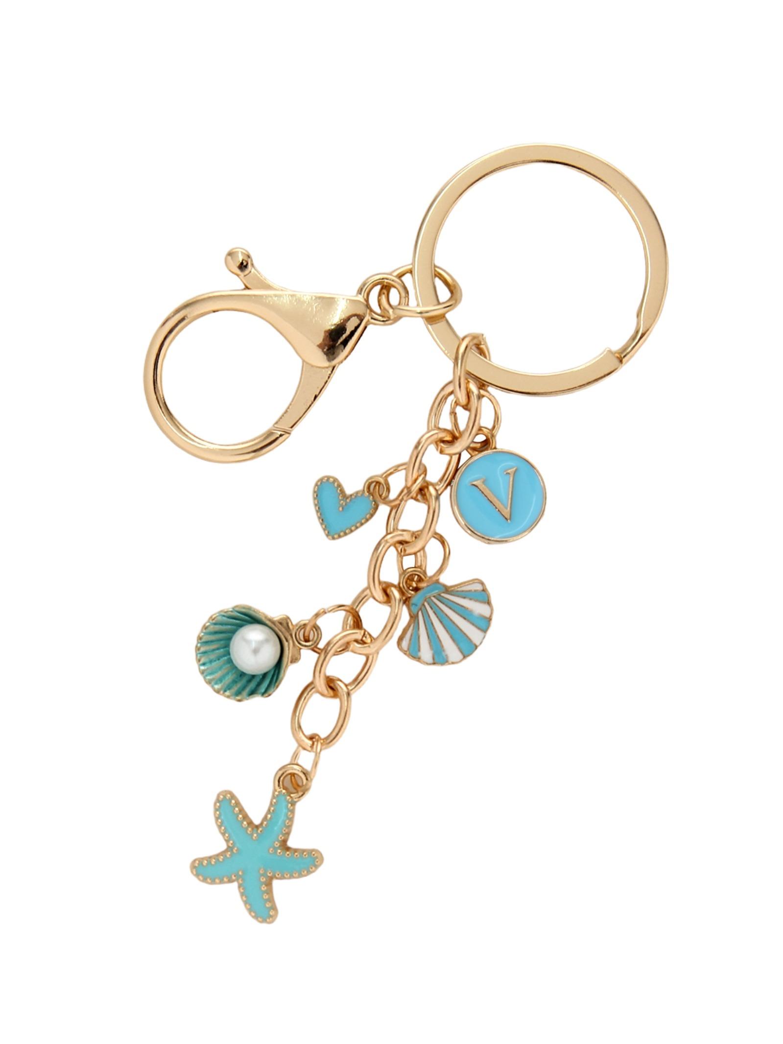 Aluminum Alloy Keychain with Starfish Shell Pearl Charm, 26 Letter Design, Ocean Theme, Handbag Accessory, Unique Gift Idea