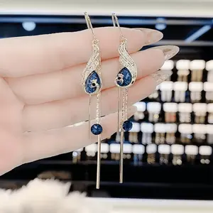 Fashionable Blue Peacock Ear Thread Earrings DDES0945 New Trendy Long Phoenix Crystal Tassel Earrings