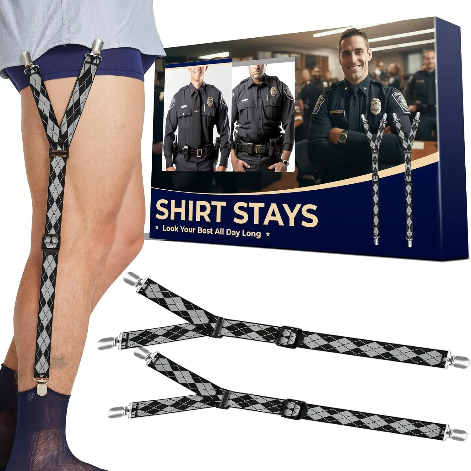 Adjustable Shirt Stays with Non-Slip Clips, Soft Smooth Elastic Sock Garters for Military & Professional UseGift