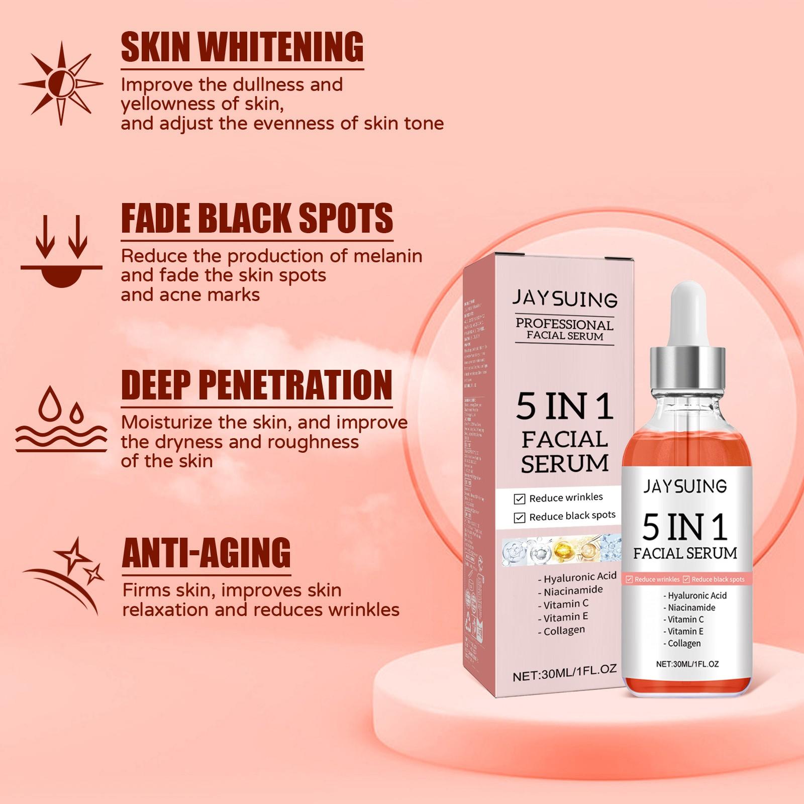 All-in-One 5-in-1 Hydrating Facial Essence, containing collagen, hyaluronic acid, niacinamide, vitamin C and E, suitable for all skin types, fragrance-free facial care.