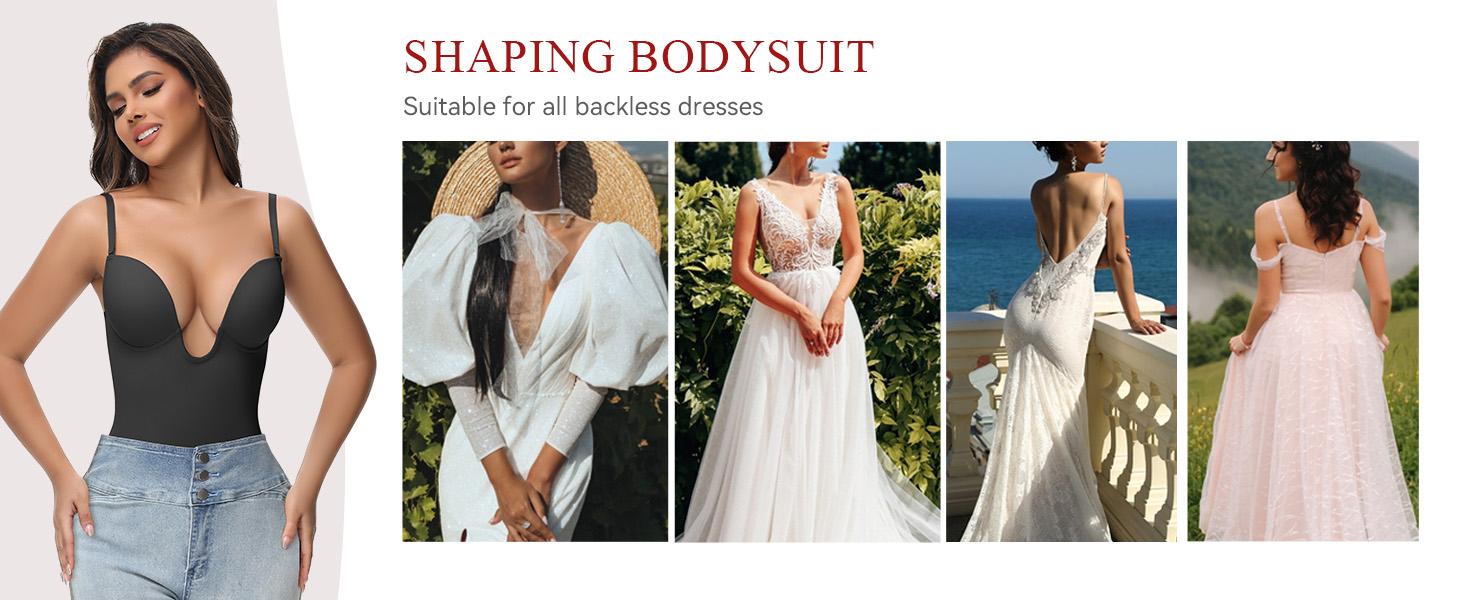 SHAPESHE Deep-U Plunge Bodysuit for Women Backless Built In Bra Low Back Bodysuits Shapewear Fit for Any Dress