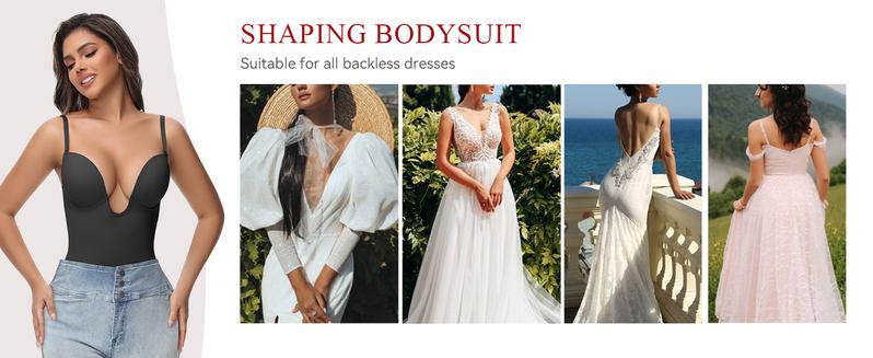 SHAPESHE Deep-U Plunge Bodysuit for Women Backless Built In Bra Low Back Bodysuits Shapewear Fit for Any Dress