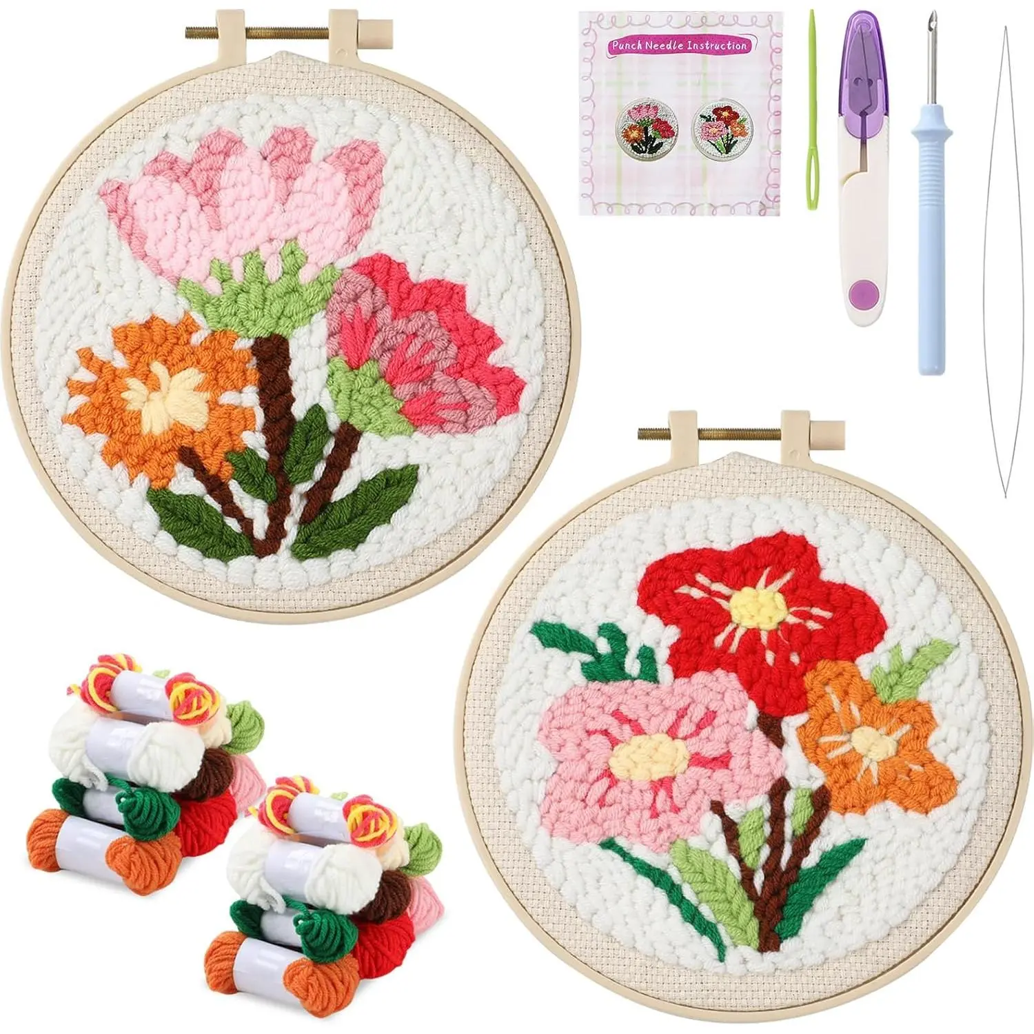 1 Set Punch  Embroidery Starter Kits Includes Punching Needling Fabric with , Yarns, Embroidery Hoops, Sewing , Instruction for Adults Beginner DIY  Crafts Gifts