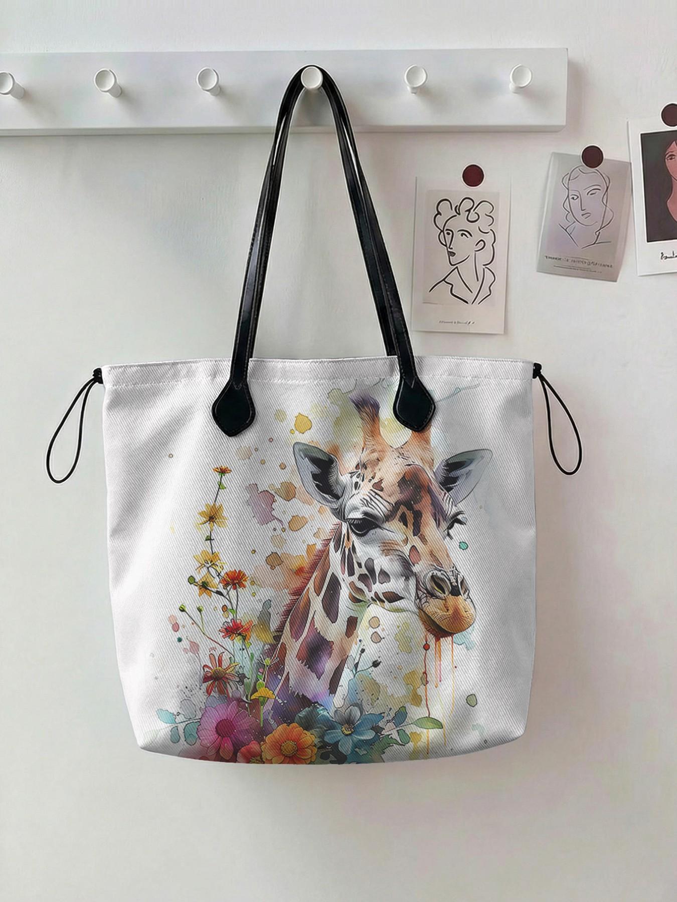 Giraffe Pattern Drawstring Stylish Tote Bag, Large Capacity Shopping Bag, Durable and Wear-Resistant, Random Print, All Seasons Use