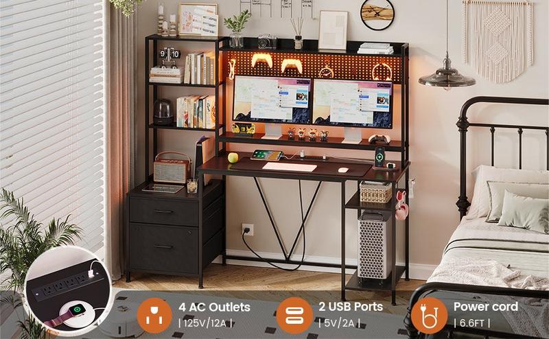 Sikaic 65 Inches Reversible LED Light Gaming Desk With Hutch Power Outlets Monitor Stand 2 Drawers 4 Shelves Pegboard 8 Hooks Mouse Pad Furniture