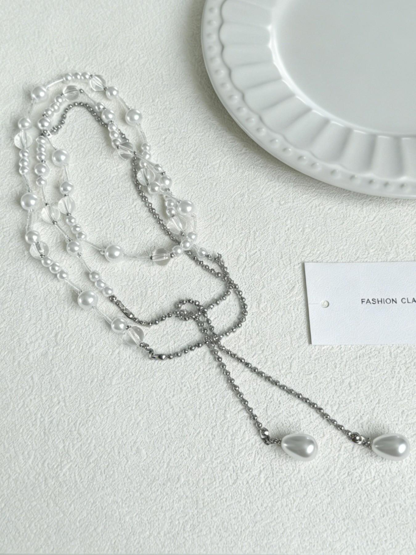 Vintage Imitation Pearl Long Necklace for Women, Versatile Wearable Jewelry, Simple Handmade Beaded Party Holiday Elegant Necklace